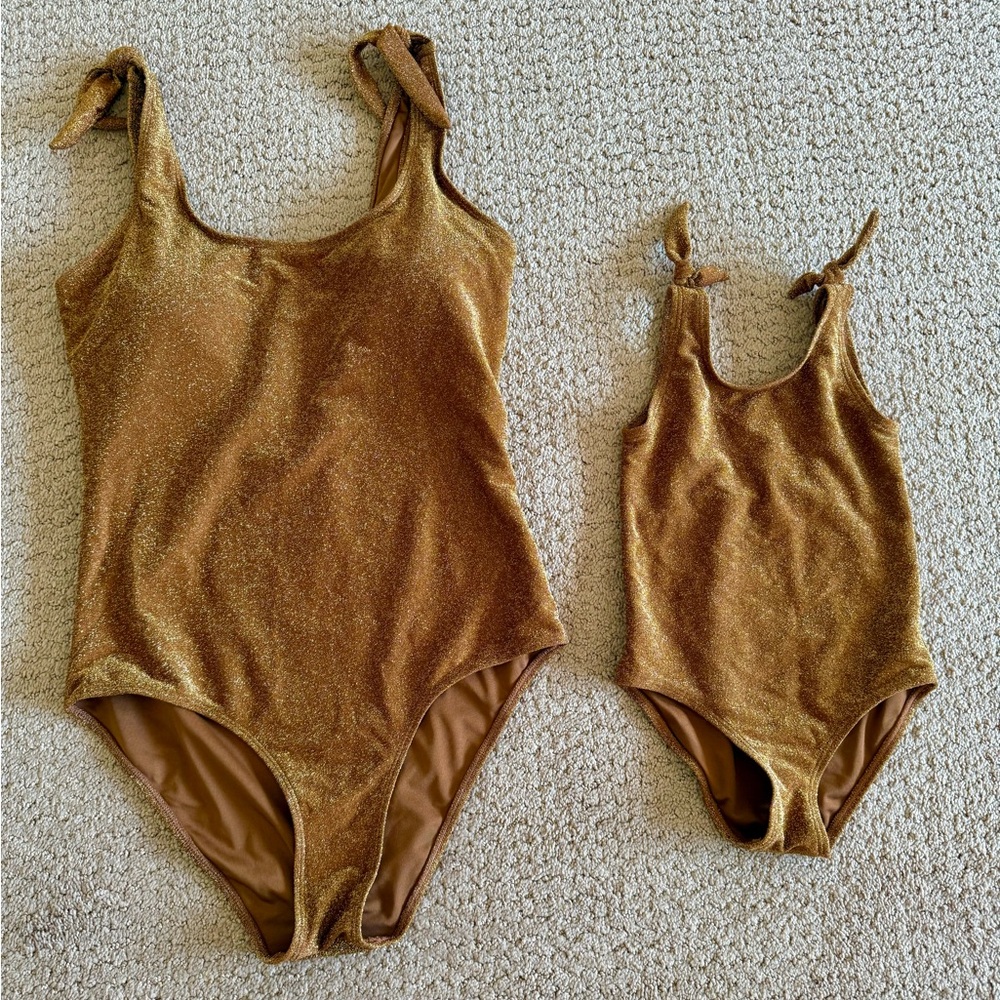 Mommy and me shimmering gold bathing suits from Rylee+Cru. Size M and 2-3T